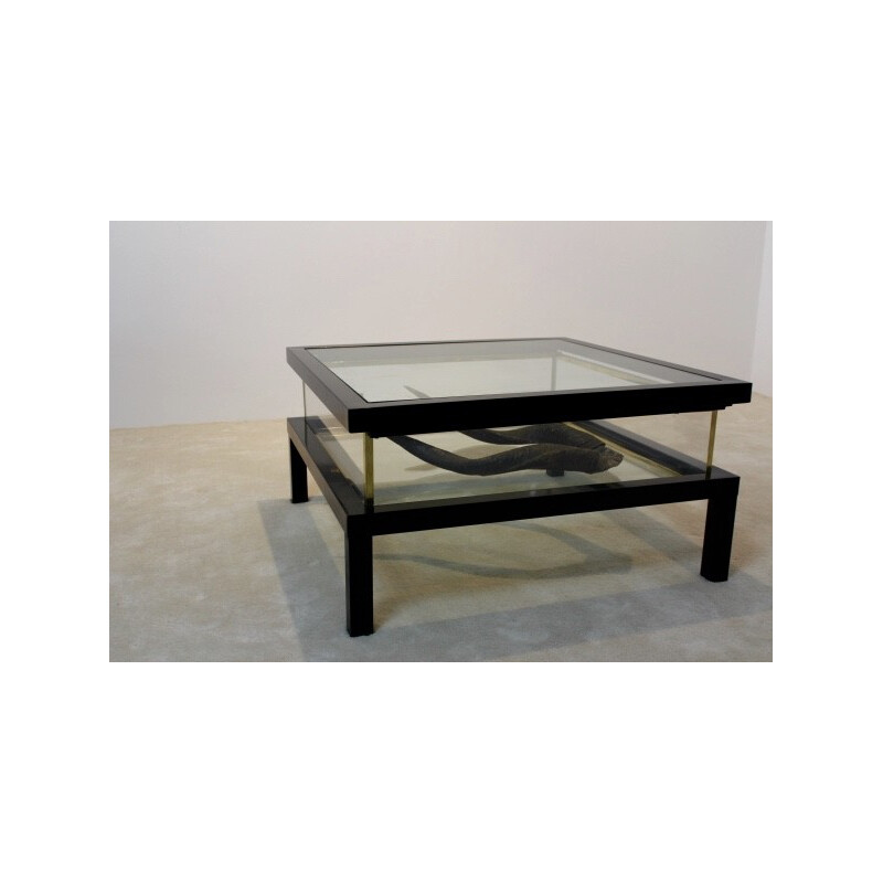 Vintage coffee table with sliding brass and glass top, 1970