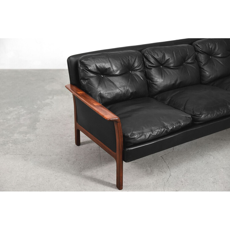 Elegant Swedish Modern Black Leather & Rosewood Sofa by Bröderna Anderssons, 1960s