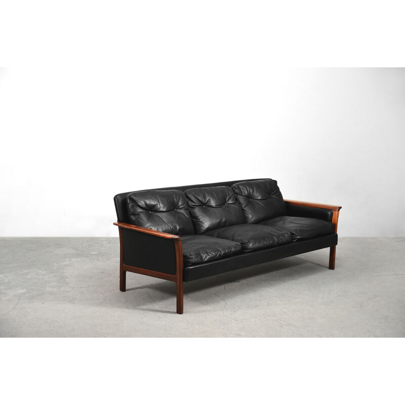 Elegant Swedish Modern Black Leather & Rosewood Sofa by Bröderna Anderssons, 1960s