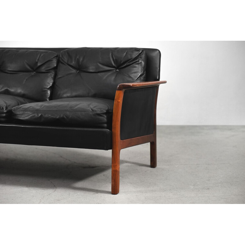 Elegant Swedish Modern Black Leather & Rosewood Sofa by Bröderna Anderssons, 1960s