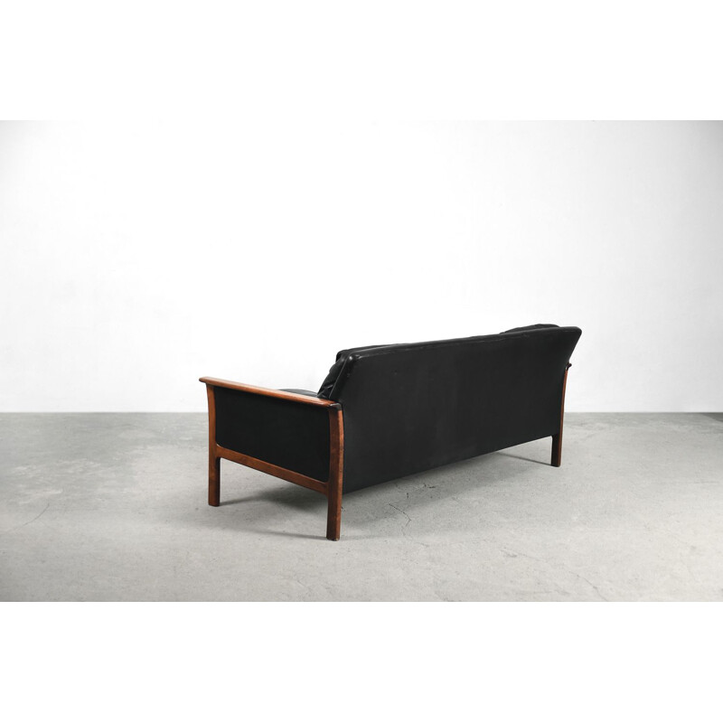 Elegant Swedish Modern Black Leather & Rosewood Sofa by Bröderna Anderssons, 1960s