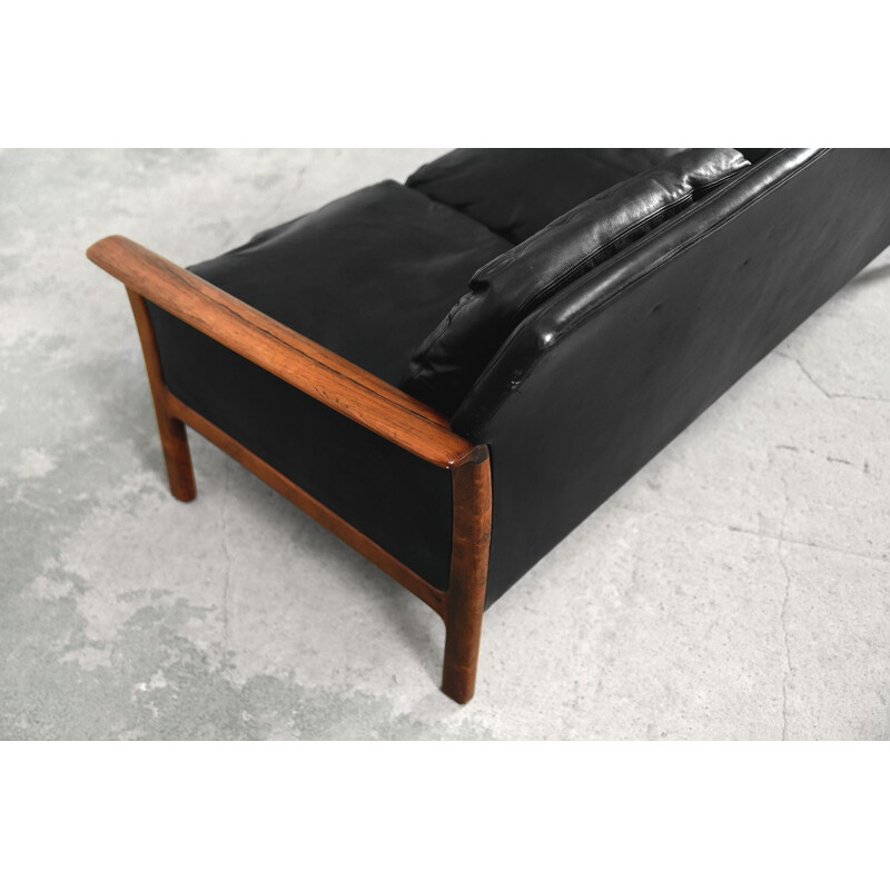 Elegant Swedish Modern Black Leather & Rosewood Sofa by Bröderna Anderssons, 1960s