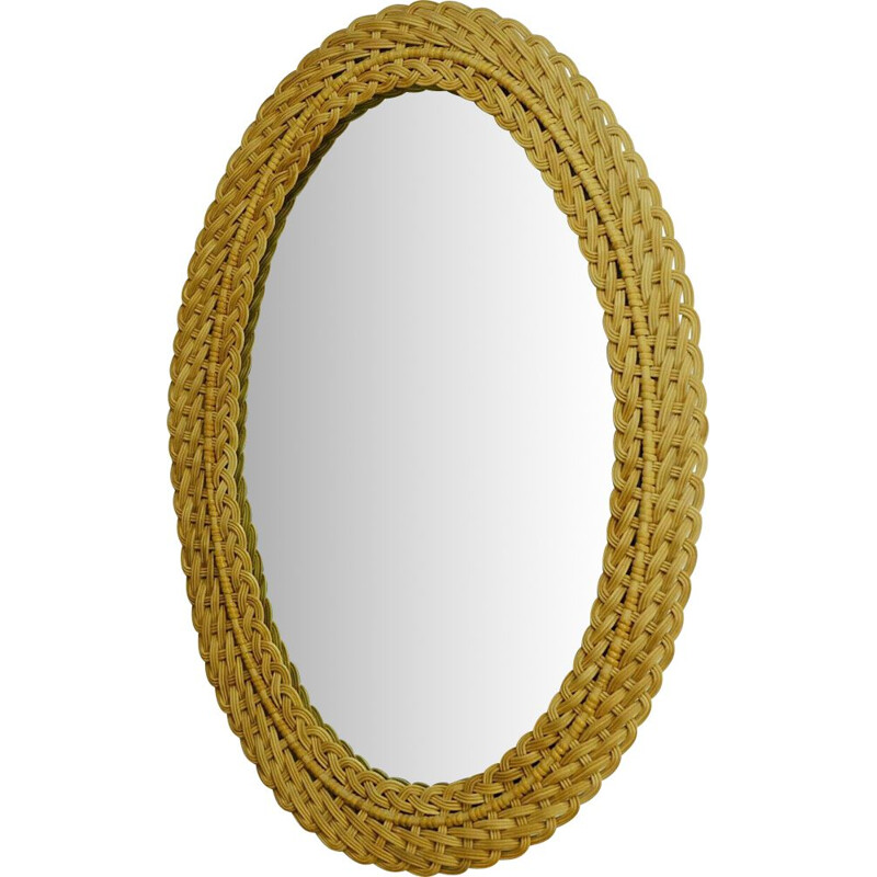 Vintage large oval wall mirror braided rattan frame 1950