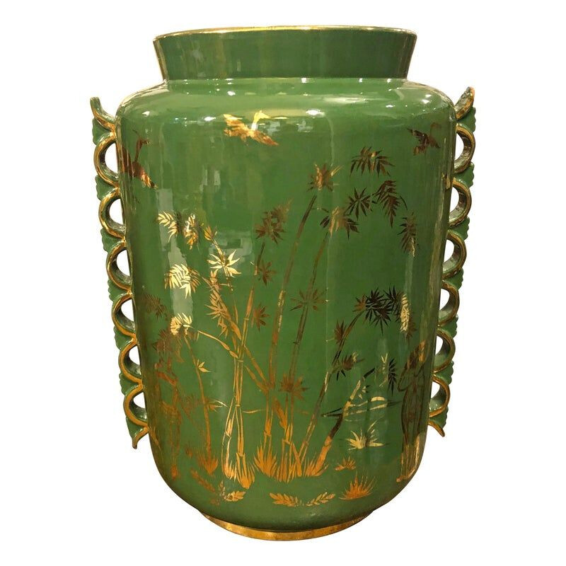 Mid-Century Modern Green and Gold Ceramic Italian Vase, circa 1960