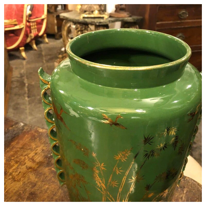 Mid-Century Modern Green and Gold Ceramic Italian Vase, circa 1960