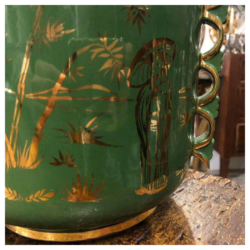 Mid-Century Modern Green and Gold Ceramic Italian Vase, circa 1960