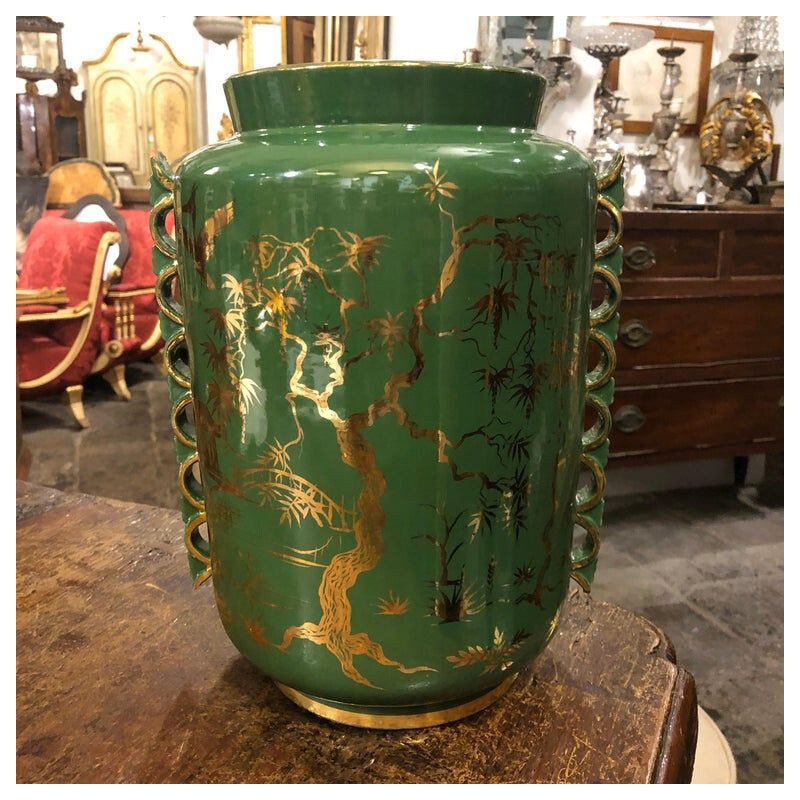 Mid-Century Modern Green and Gold Ceramic Italian Vase, circa 1960