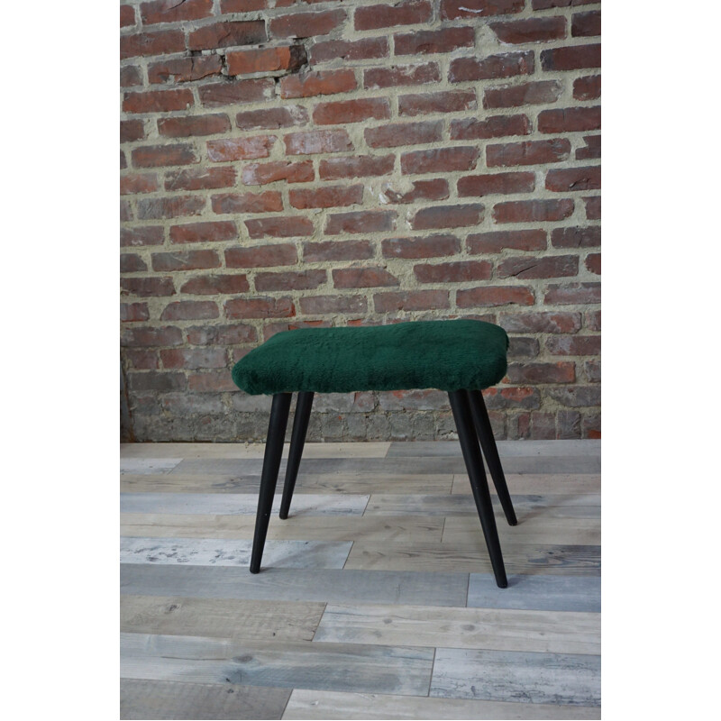 Vintage stool in lacquered wood and fur, 1960-70s