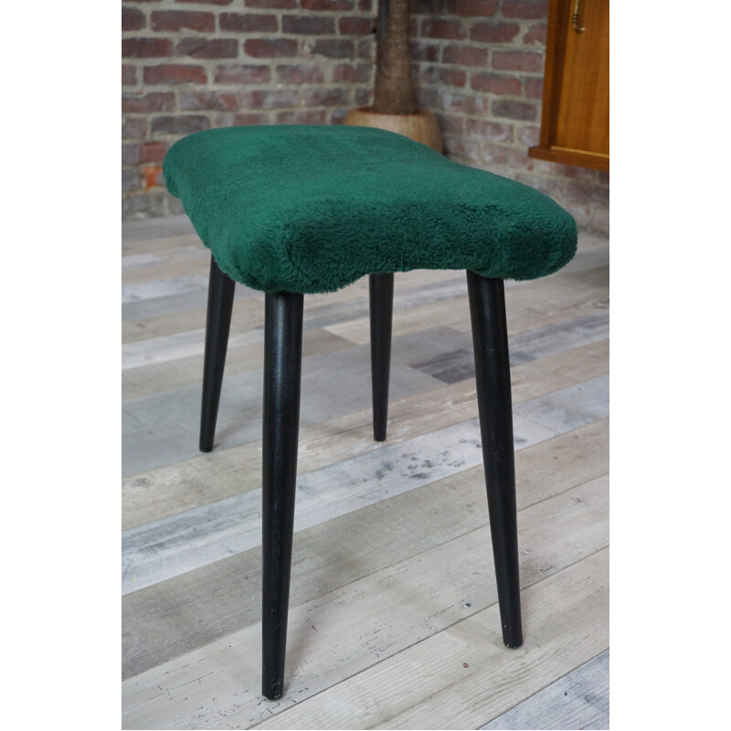 Vintage stool in lacquered wood and fur, 1960-70s