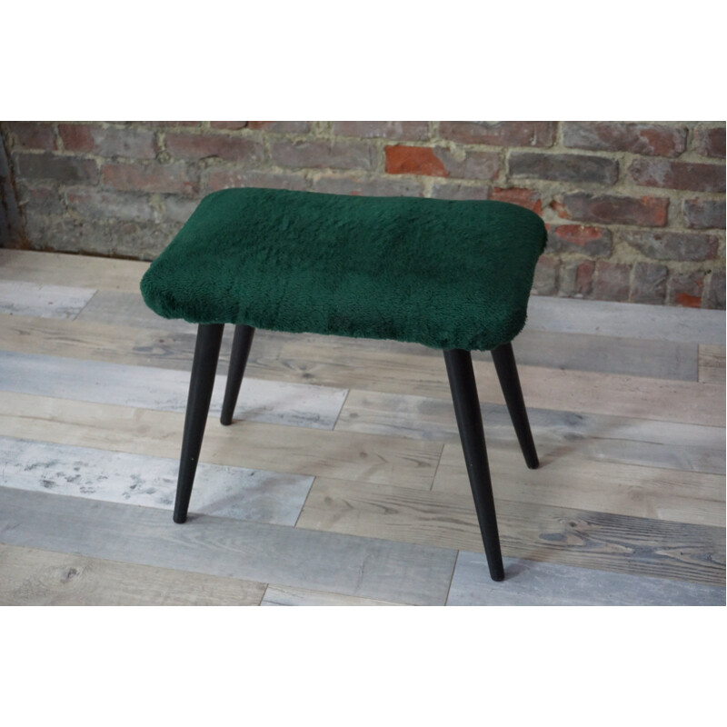 Vintage stool in lacquered wood and fur, 1960-70s