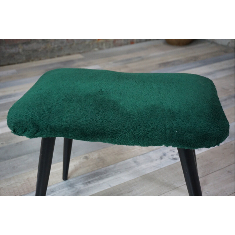 Vintage stool in lacquered wood and fur, 1960-70s