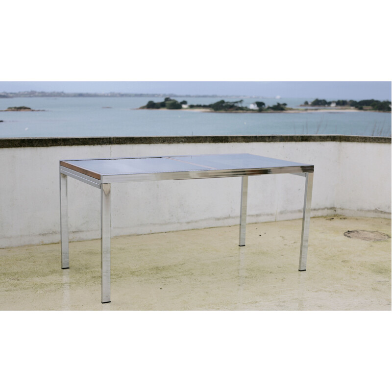 Vintage extensible table in steel, wood and smoked glass by Milo Baughman, USA, 1970s