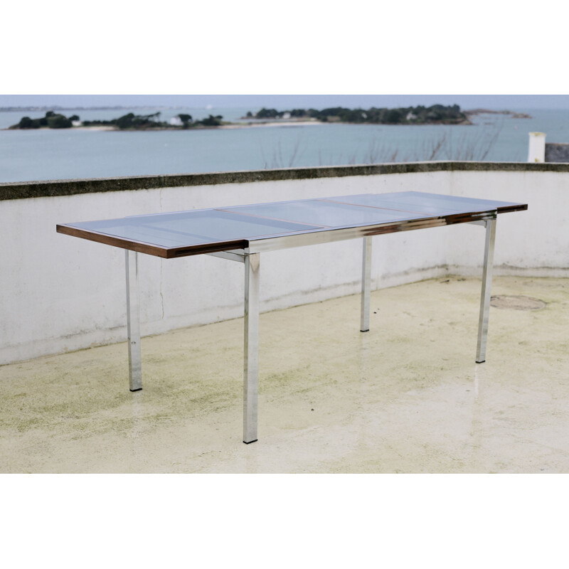 Vintage extensible table in steel, wood and smoked glass by Milo Baughman, USA, 1970s
