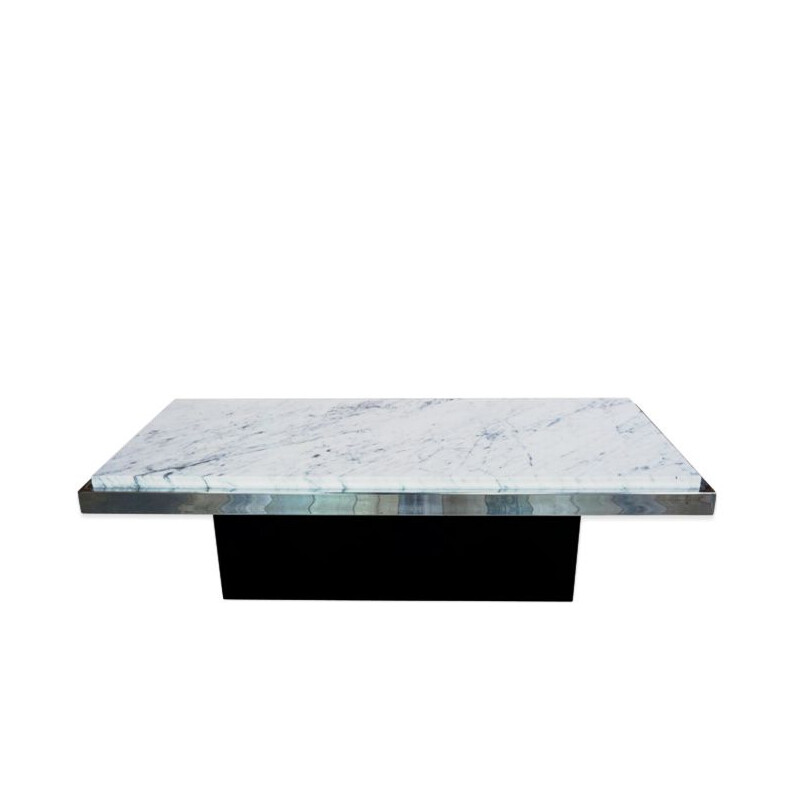 Table basse vintage en marbre blanc, chrome et bois