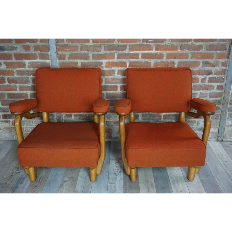 Set of 2 vintage armchairs by Guillerme et Chambron, 1950-60