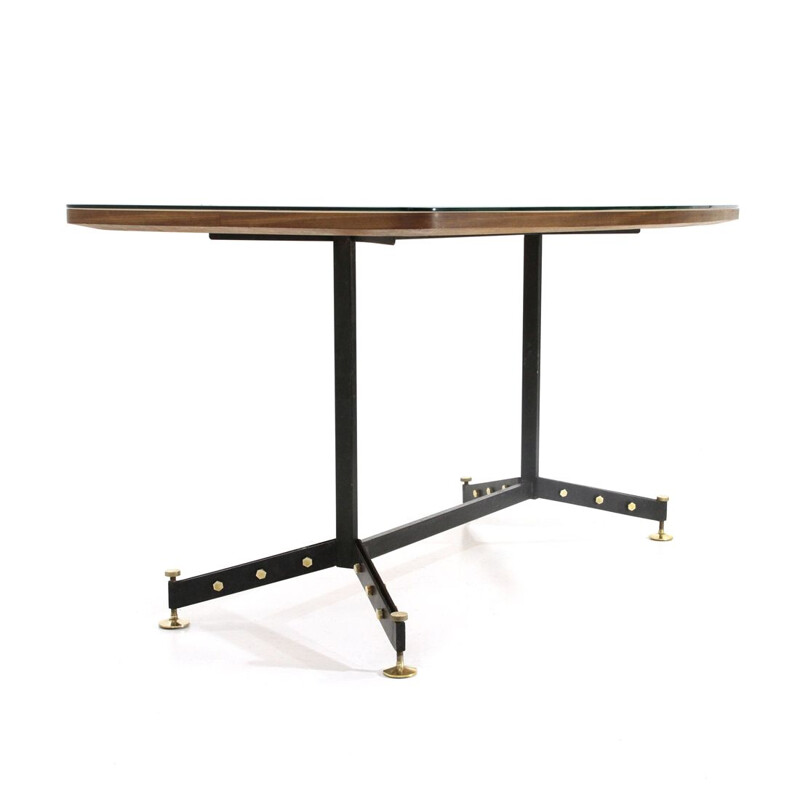 Midcentury wood, metal and brass rectangular top italian dining table, 1950’s