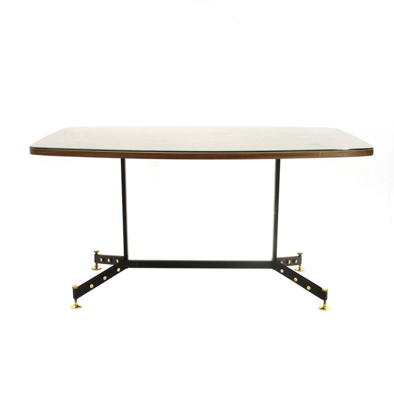 Midcentury wood, metal and brass rectangular top italian dining table, 1950’s