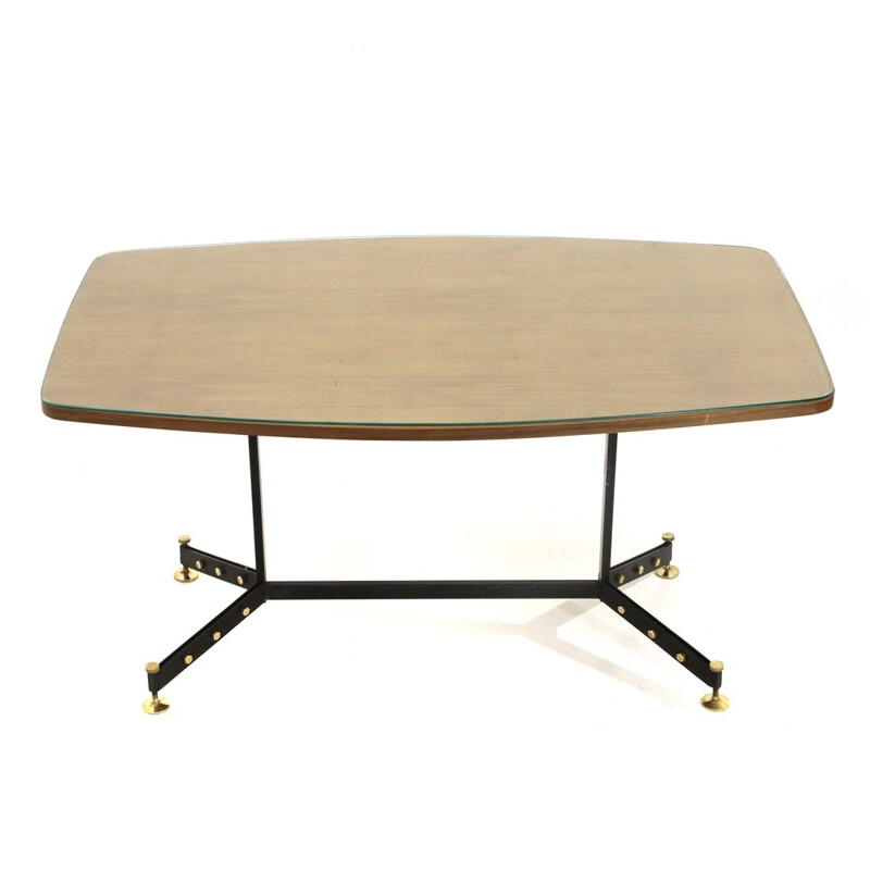 Midcentury wood, metal and brass rectangular top italian dining table, 1950's
