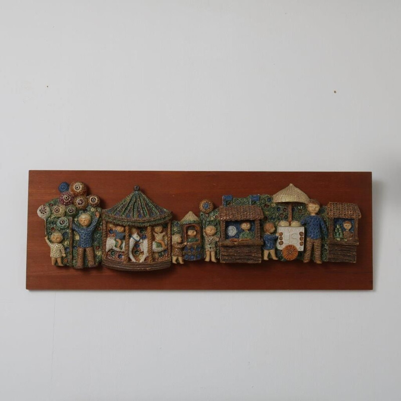 Vintage ceramic and wood wall decoration, Netherlands 1950