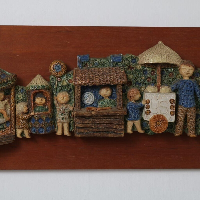 Vintage ceramic and wood wall decoration, Países Baixos 1950