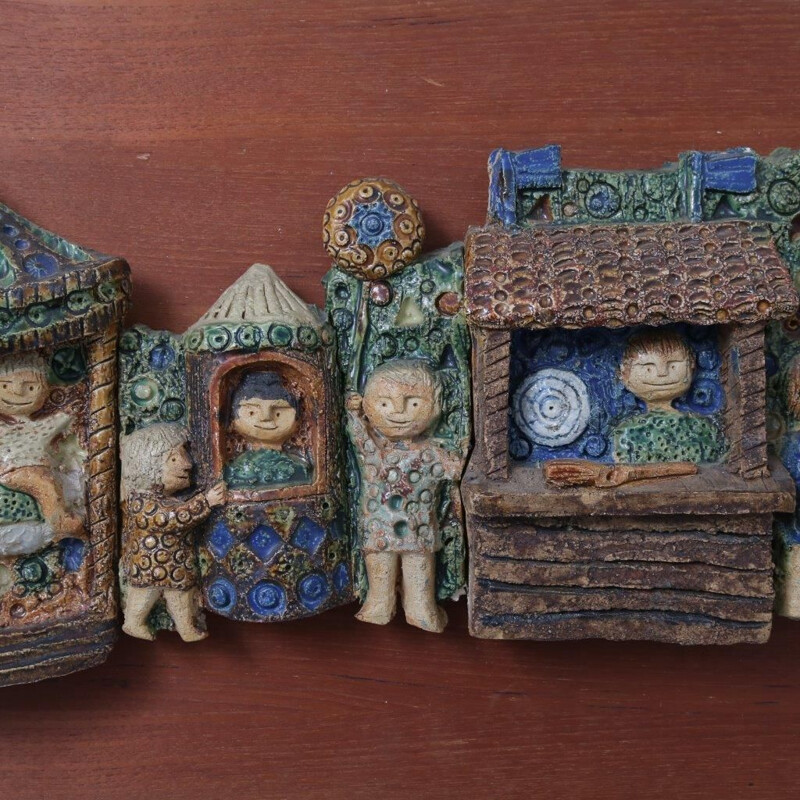 Vintage ceramic and wood wall decoration, Países Baixos 1950