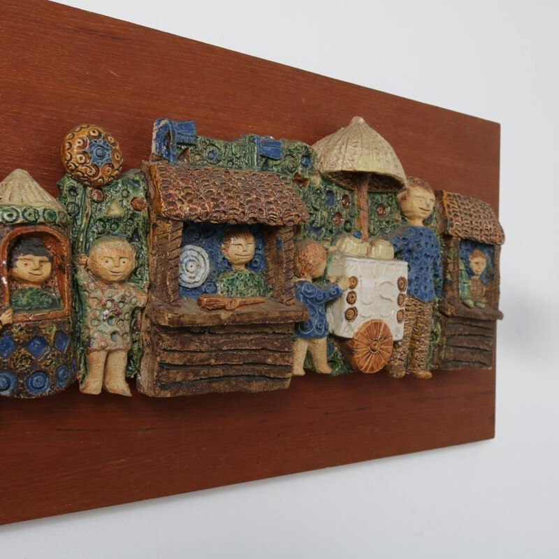 Vintage ceramic and wood wall decoration, Netherlands 1950