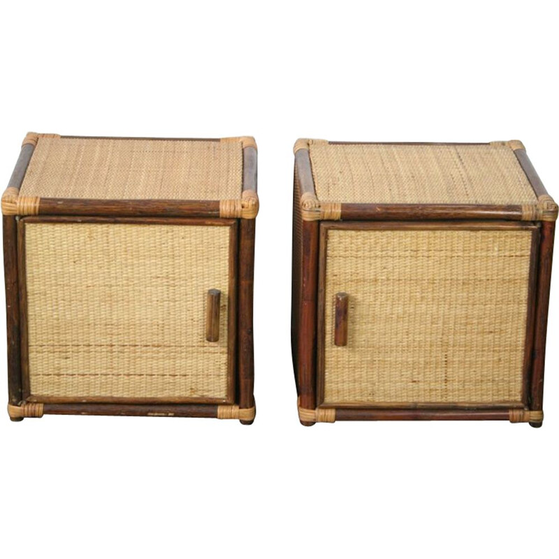 Pair of vintage rattan bedside tables, 1970s