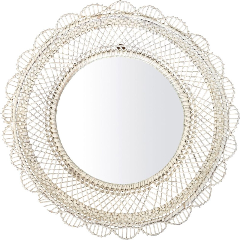 Miroir vintage en rotin blanc, 1960-70