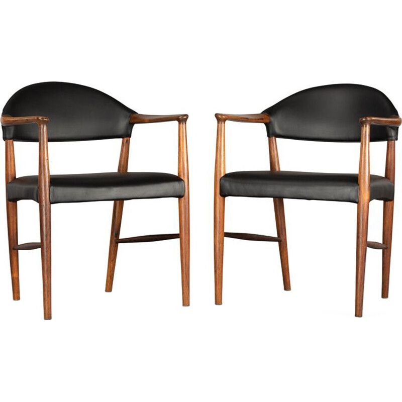 Danish Leather & Rosewood Armchairs by Kurt Olsen for Slagelse Møbelværk, 1958, Set of 2