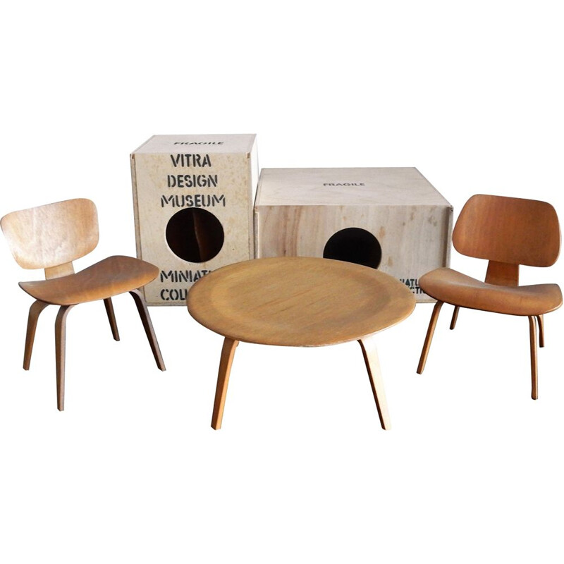 Set of plywood DCW, LCW and CTW miniatures by Charles & Ray Eames for Vitra, Switzerland, 1990s