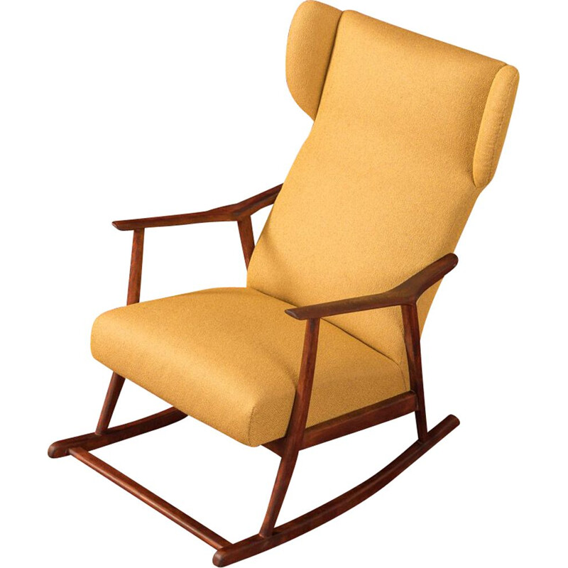 Vintage geel beukenhouten schommelstoel 1950