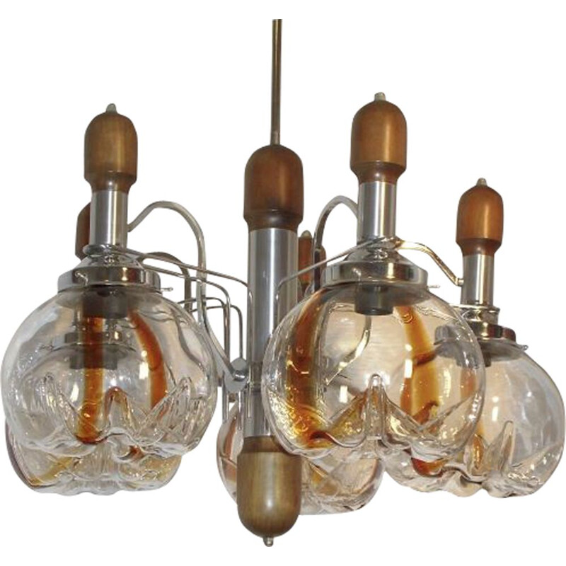 Vintage chandelier in Murano glass, wood and chrome for Mazzega 1960-1970