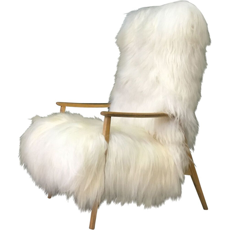 Vintage Art Deco White Fluffy Furry Sheepskin Bentwood Armchair 