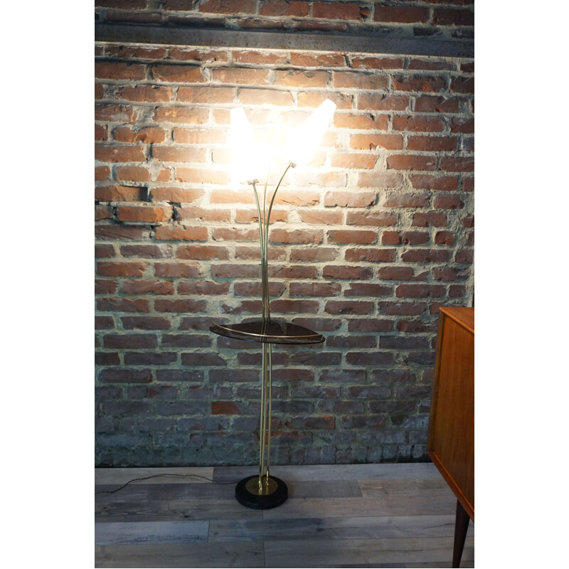 Vintage brass and white opaline floor lamp by Maison Lunel, 1950s