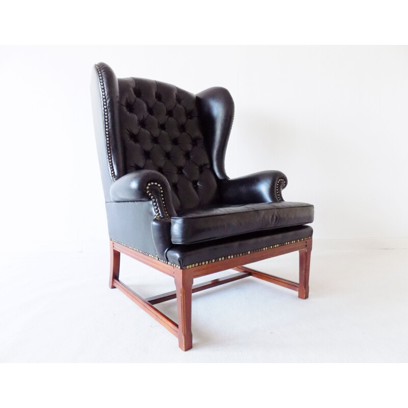 Fauteuil Chesterfield en cuir noir vintage, 1960