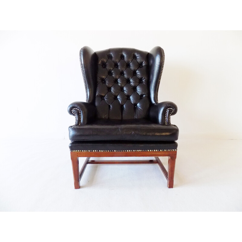 Chesterfield Leather black vintage armchair, 1960s