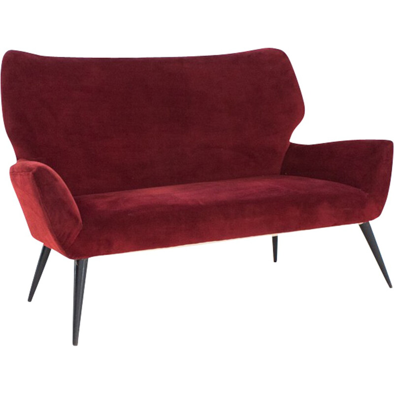 Italian wooden and red velvet sofa - 1950s