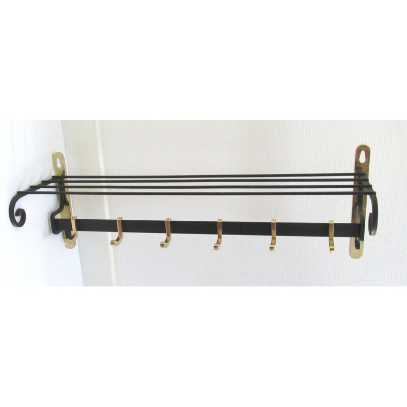 Vintage brass and black metal wall coat rack, 1950s