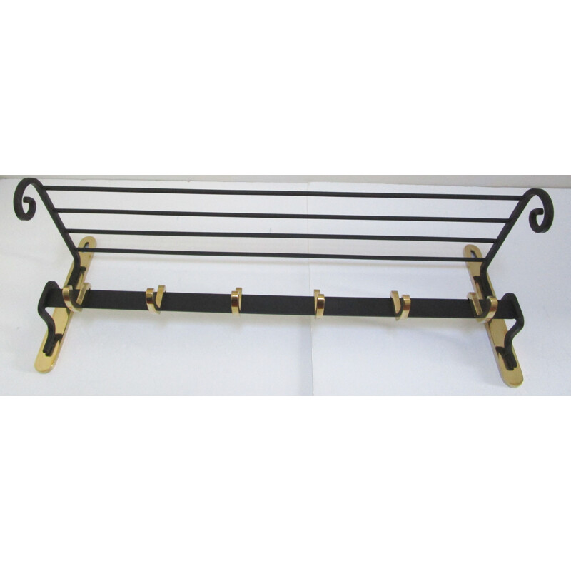 Vintage brass and black metal wall coat rack, 1950s