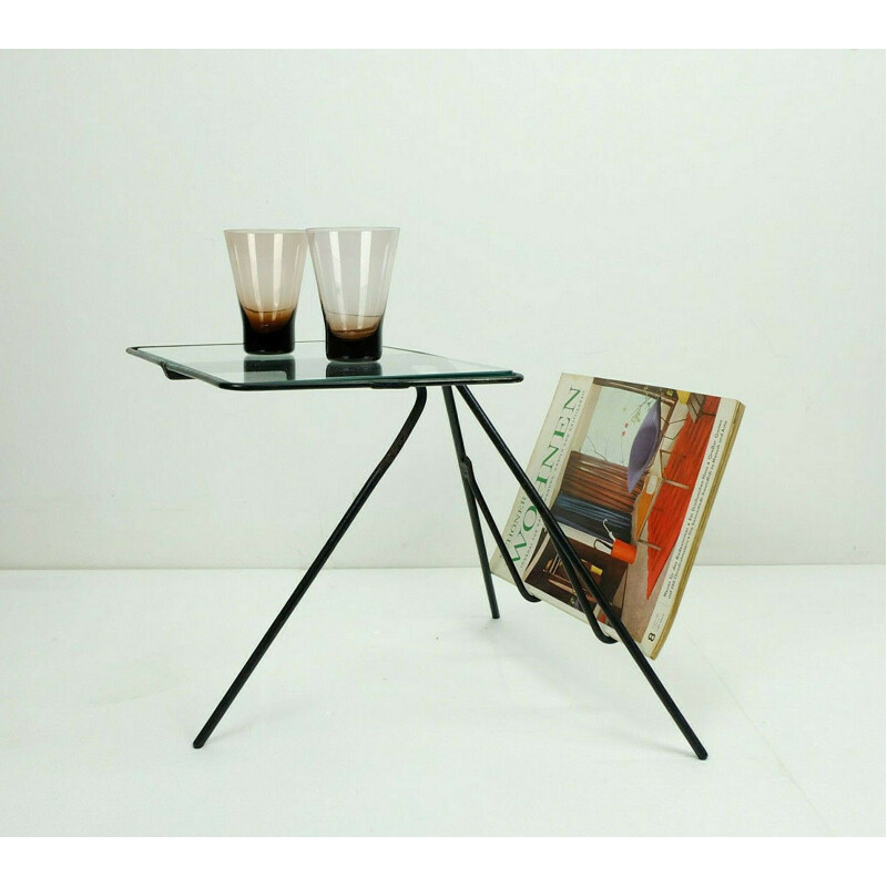 Vintage side table with magazine rack in iron and glass, 1950s