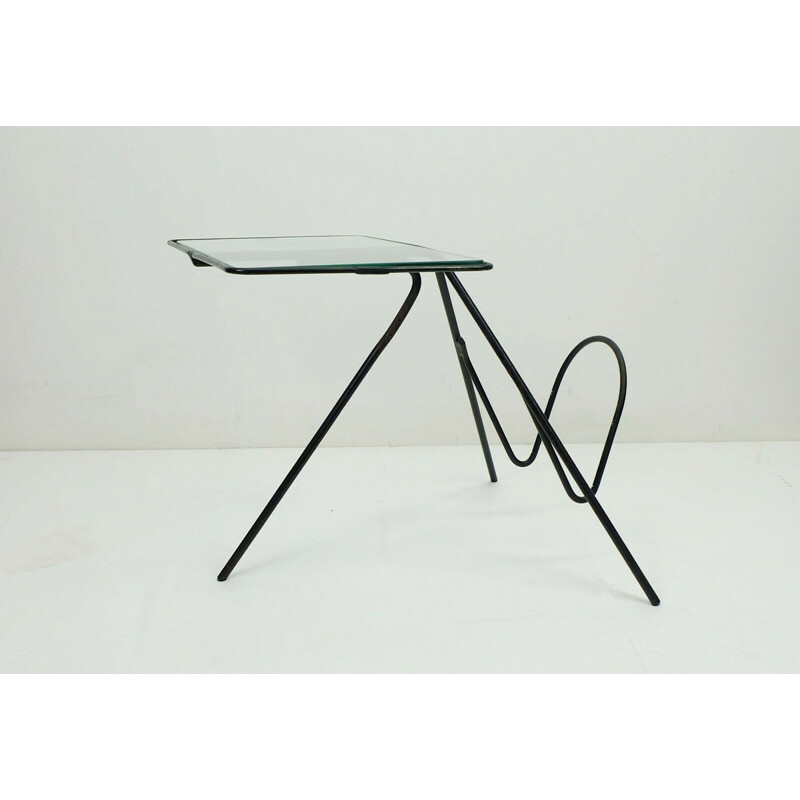 Vintage side table with magazine rack in iron and glass, 1950s