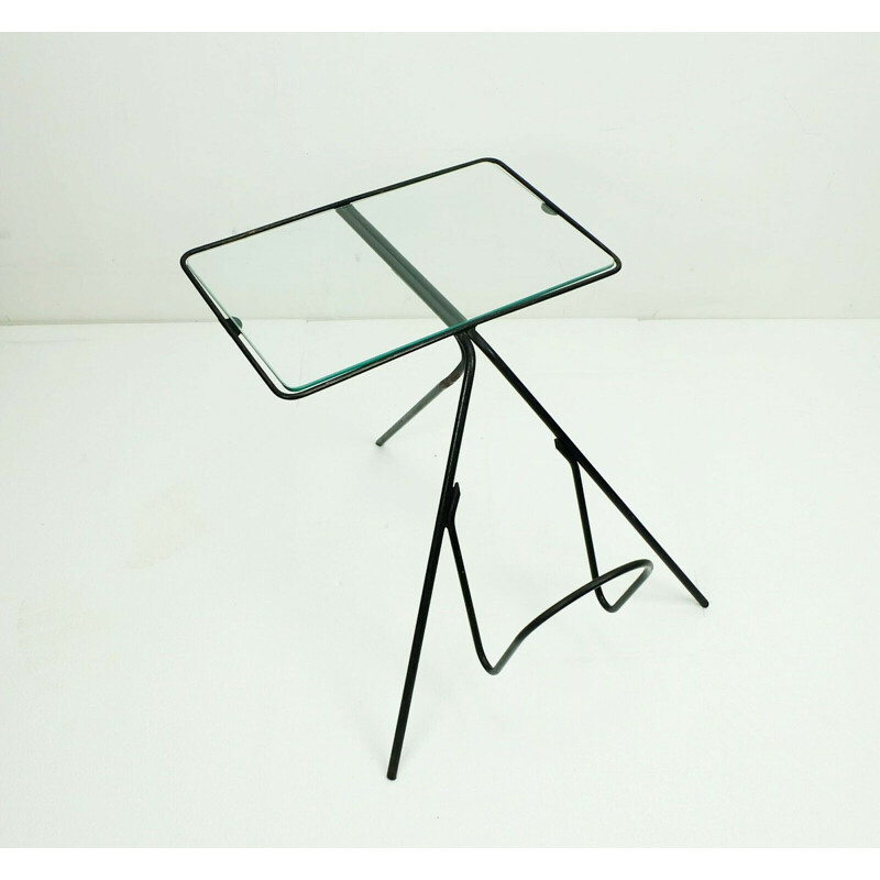 Vintage side table with magazine rack in iron and glass, 1950s