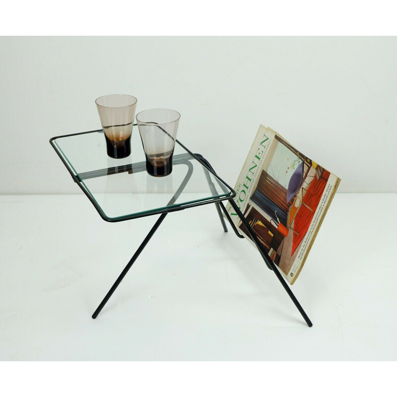 Vintage side table with magazine rack in iron and glass, 1950s