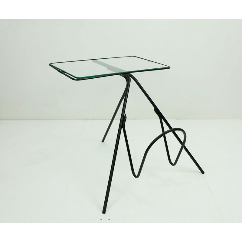 Vintage side table with magazine rack in iron and glass, 1950s