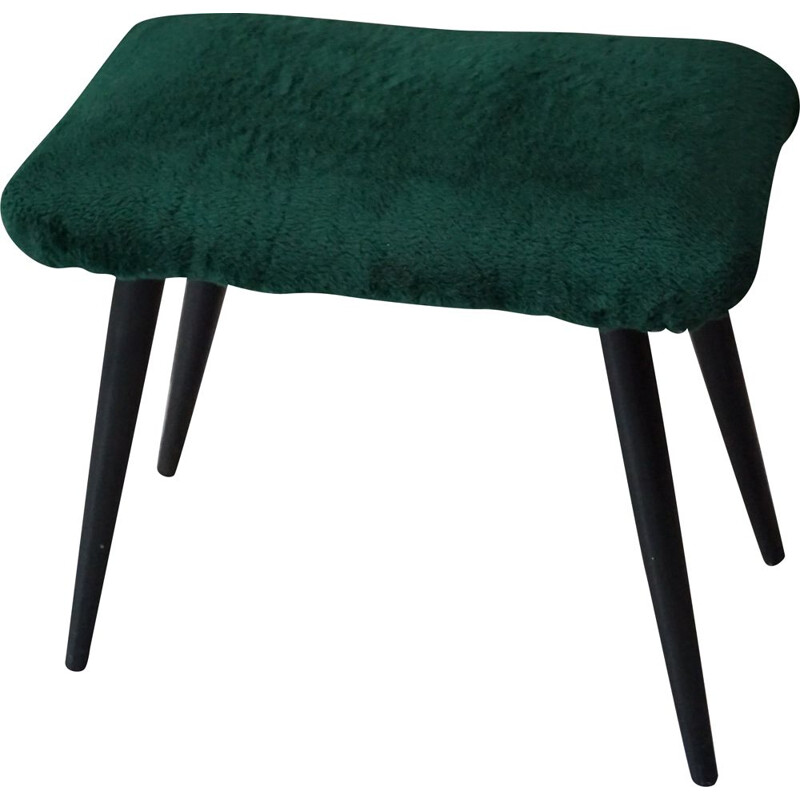 Vintage stool in lacquered wood and fur, 1960-70s