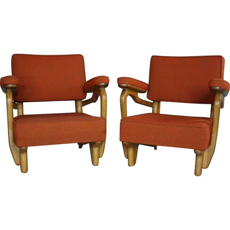 Set of 2 vintage armchairs by Guillerme et Chambron, 1950-60