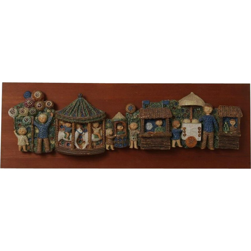 Decorazione da parete vintage in ceramica e legno, Paesi Bassi 1950