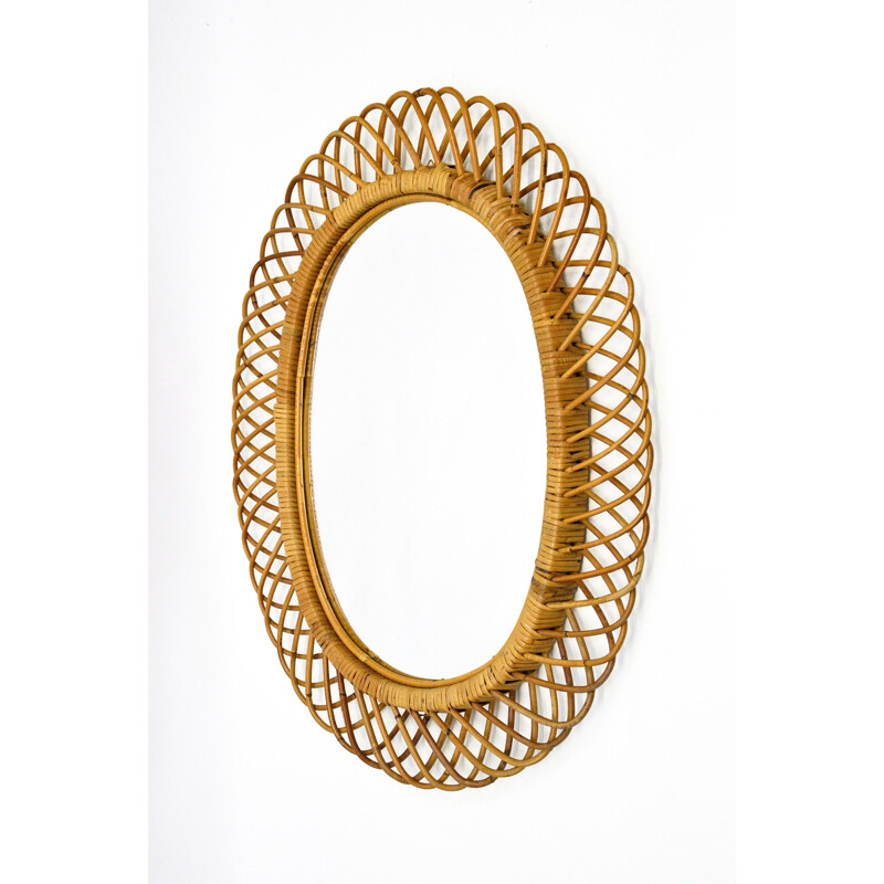 vintage Italian Wicker Rattan Mirror, 1950s 