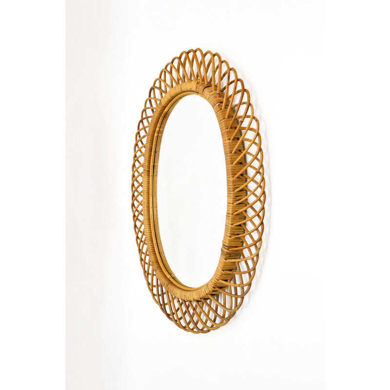 vintage Italian Wicker Rattan Mirror, 1950s 