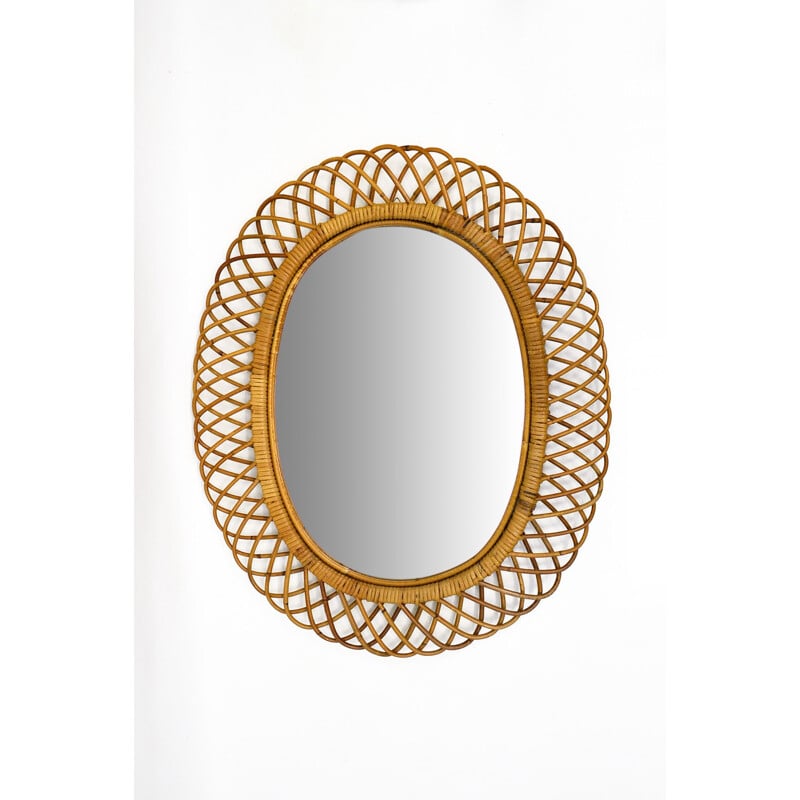 vintage Italian Wicker Rattan Mirror, 1950s 